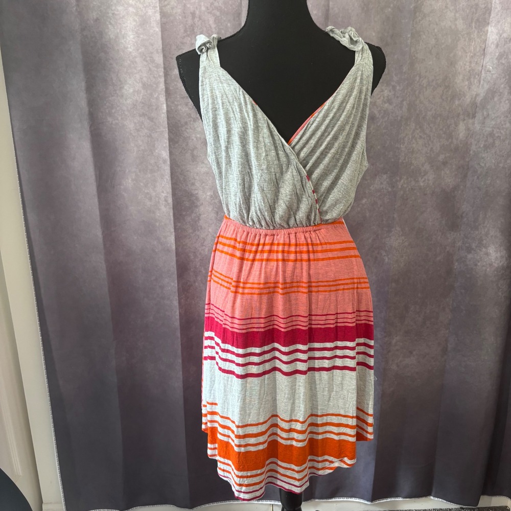 Pink Lotus Gray Pink Orange Striped Boho TShirt Dress Shoulder Tie Womens Small - Picture 4 of 8